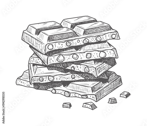 Stacked hazelnut chocolate bar pieces with scattered crumbs