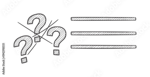 Three hand drawn question marks with lines pointing to a list symbol confusion query