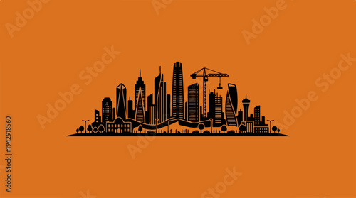 Silhouette of a modern city skyline against an orange background.