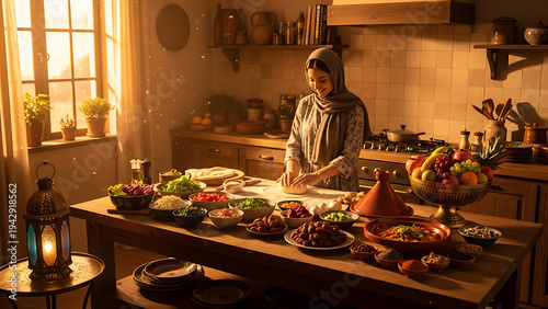 Muslim Woman Preparing Food in Traditional Kitchen with Abundant Ingredients