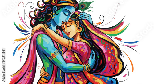 Vibrant illustration of a blue-skinned man and woman embracing with colorful clothing and paint splatters on a white background.