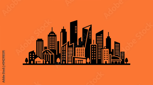 Silhouette of a modern city skyline against an orange background.
