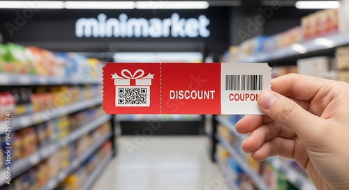Hand Holding Discount Coupon Inside A Supermarket With Shelves Of Products In The Background