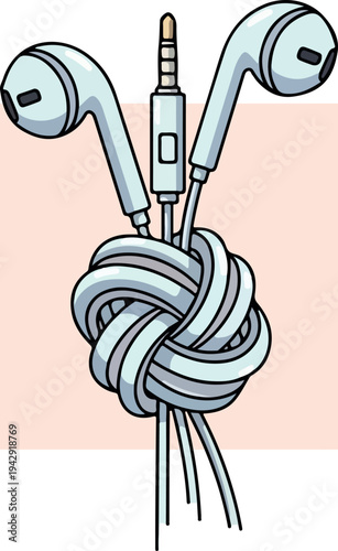 Tangled white earphones with a jack, a symbol of technology and music.