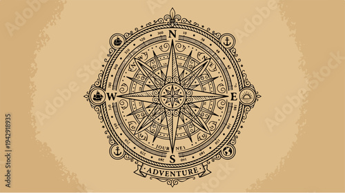 Vintage Compass Rose Illustration on Beige Background for Adventure.
