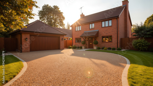 Modern brick house double garage gravel driveway green lawn sunlight suburban residential peaceful detached home trees