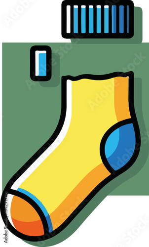 Yellow sock with blue and orange details on a green background.