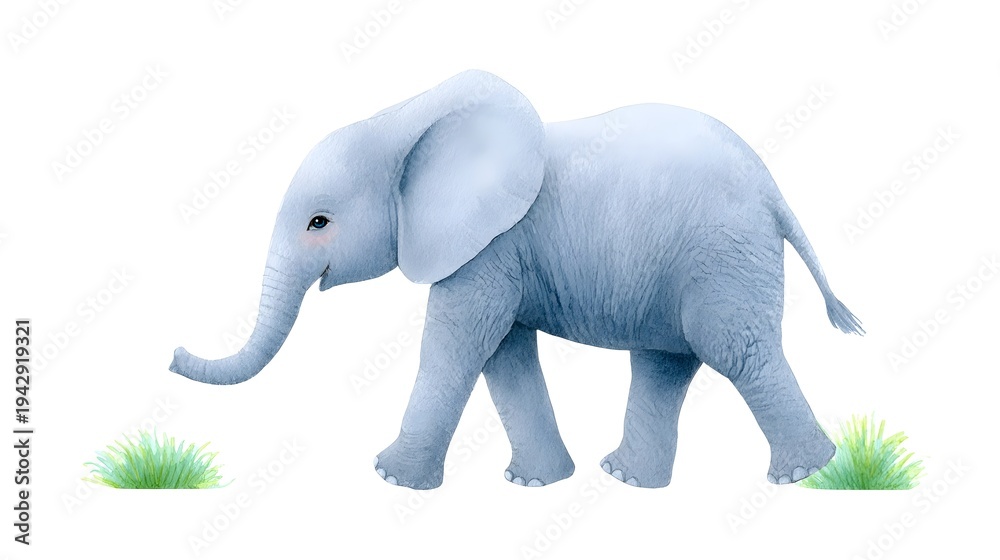 Fototapeta premium Delicate watercolor painting of an adorable young elephant with gentle features rendered with ic brushwork on a pure white background ideal for creative projects and clipart applications