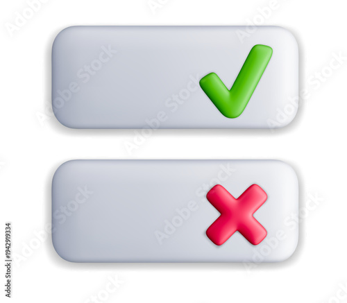 GUI buttons with check and cross icons. User interface elements for confirmation or rejection