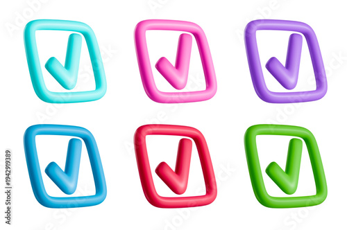 Six checkmark frames in blue pink purple and green. Vector graphics suitable for approval or validation concepts.