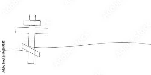 Minimal line illustration of an Orthodox Christian cross with three crossbars, symbolizing Eastern Christian faith, devotion, tradition, and spiritual belief.