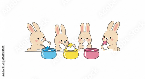 Happy cute bunny rabbits dipping eating colorful Easter eggs in colorful bowls cartoon vector illustration
