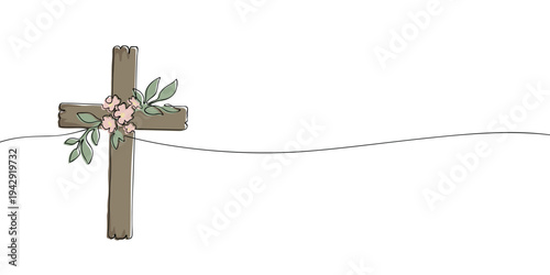 Minimal illustration of a wooden Christian cross decorated with flowers and leaves, symbolizing faith, resurrection, hope, and spiritual renewal during Easter.