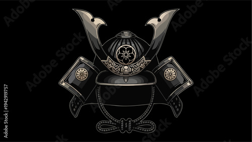 Intricate Black and Silver Samurai Kabuto Helmet Emblem on Dark Background
