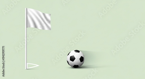 White corner flag pole with soccer football ball on green grass background cartoon vector illustration
