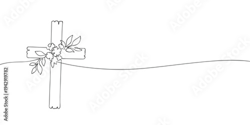 Minimal line illustration of a wooden cross decorated with flowers and leaves, symbolizing Christian faith, hope, peace, devotion, and spiritual celebration.