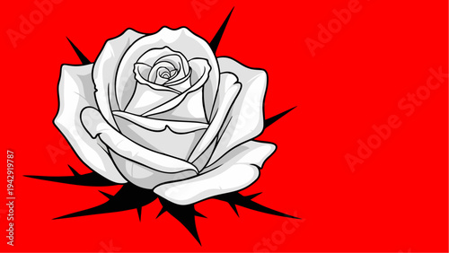 Striking White Rose with Thorns Against Vibrant Red Background Vector Illustration