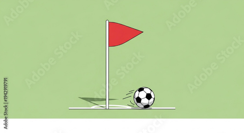 Red corner flag pole with soccer football ball resting on green grass field cartoon vector illustration
