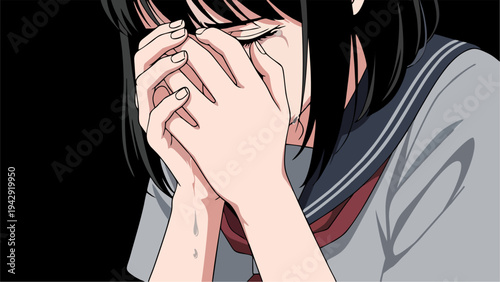 Emotional Anime Girl in School Uniform Crying and Hiding Face in Hands