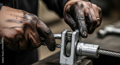 Hands of a Mechanic Working with Metal Tools and Wire Cable Fastener