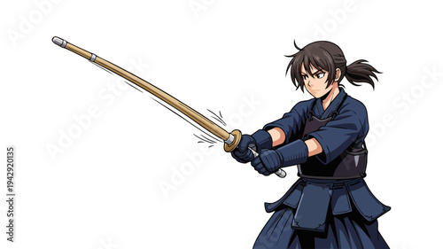 Anime Style Kendo Practitioner in Bogu Gear Executing a Technique Isolated on White