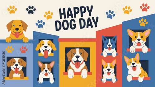 Happy dog day colorful illustration of dogs peeking out of doghouses