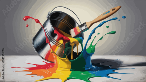 Colorful paint splashes from metal bucket with brush on white surface vibrant rainbow hues