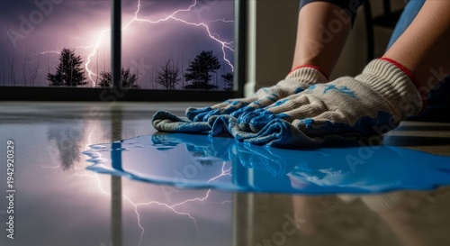 Person Cleaning Wet Floor with Cloth During Thunderstorm Outside