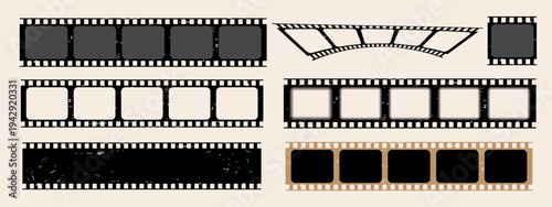 Old retro film Strip long frame set. Photo film strip collection. Trendy video template for social media. Cinema footage effect. Blank film storytelling. Graphic design element isolated on background