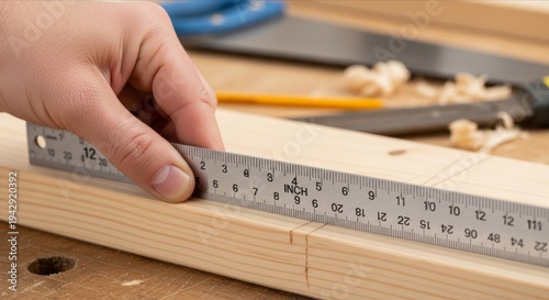 Precise Measurement of Wood with Ruler and Tools for Carpentry Projects