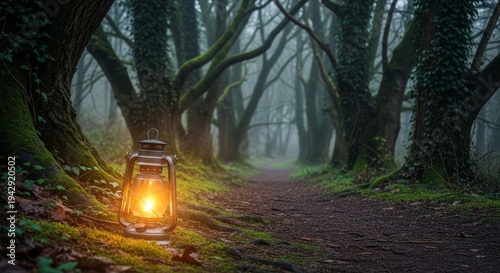 Cozy Lantern Illuminates Foggy Path in Mysterious Forest