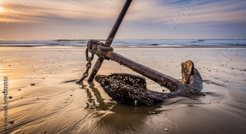 Rusty Anchor on Sandy Beach at Sunset with Gentle Ocean Waves