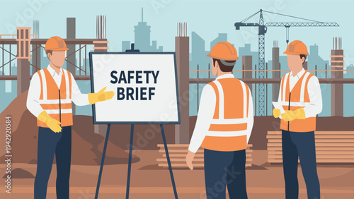 Workplace safety briefing for construction team, a professional vector illustration on a busy building site background with city skyline