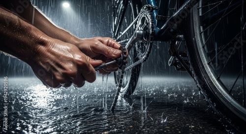 Maintenance of Bicycle in Rainy Night with Hands and Tools