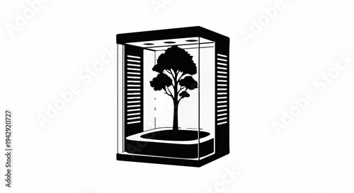 Solitary tree preserved in a futuristic enclosure, symbolizing conservation and controlled nature.