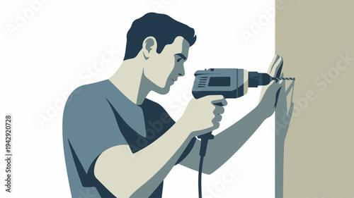 Man drilling into wall with power drill home improvement and diy concept illustration