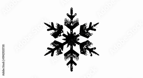 Striking black snowflake graphic with a textured, artistic feel on a white background.