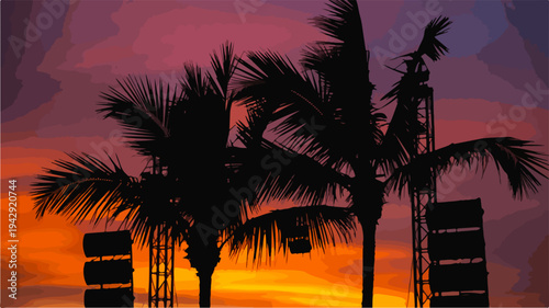 Silhouetted palm trees against vibrant sunset sky with colorful clouds and wooden structures