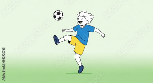 Energetic young boy soccer player kicking football in action dynamic sports pose cartoon vector illustration
