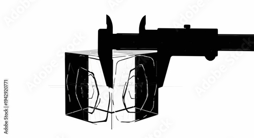 Precision measurement of a cube with calipers, highlighting accuracy and detail.