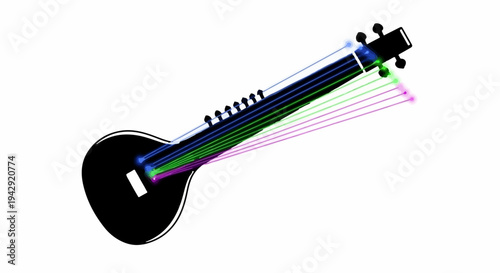 Elegant illustration of a traditional stringed musical instrument with vibrant colored strings