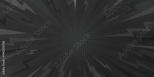 Black comic book background. Pop art halftone explosion with radial rays, vector zoom line and thunder lightning.