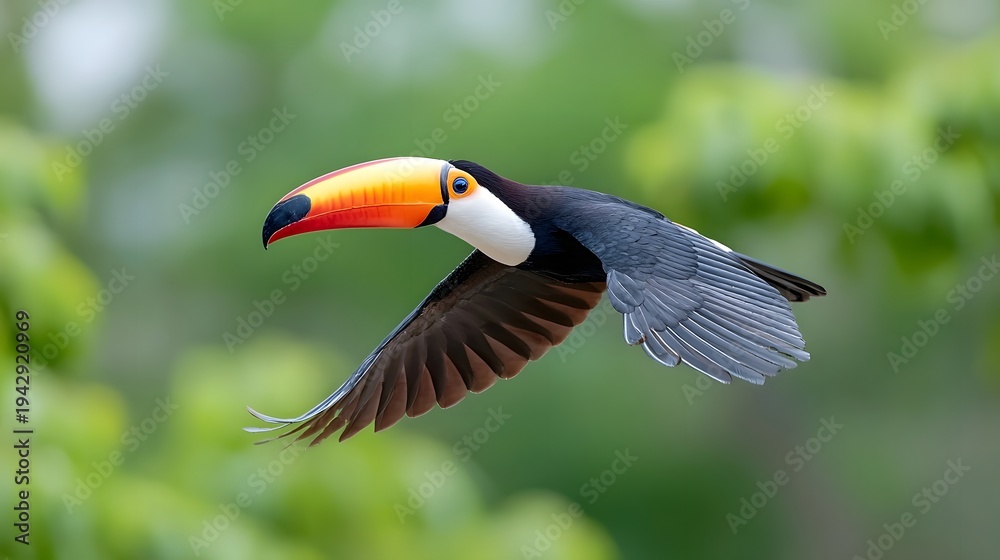 Obraz premium An exotic toucan in dynamic flight wings fully extended photographed from below to highlight its distinct chest markings and intricate feather detail against a blurred natural background