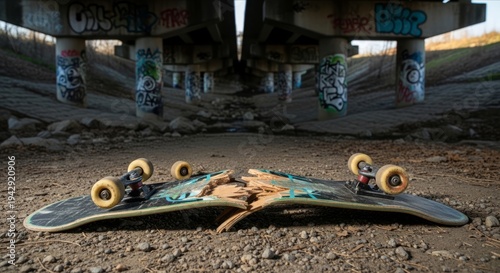 Broken Skateboard on Ground Under Graffiti Covered Bridge