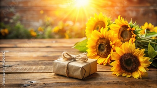 A rustic wooden surface displays a small gift wrapped in natural twine and brown paper, nestled beside a vibrant bouquet of sunflowers bathed in warm sunlight