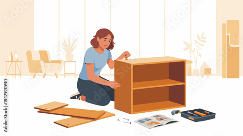 Woman assembling furniture in a modern living room with shelving unit and tools scattered around her on the floor