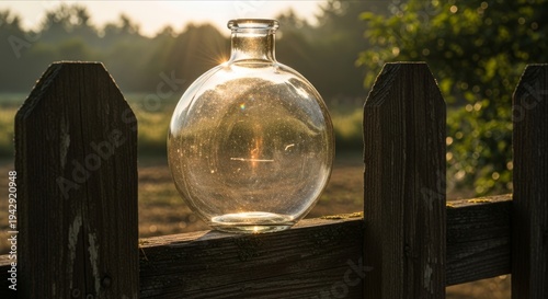 Glowing Glass Bottle on Wooden Fence at Sunrise in Natural Setting