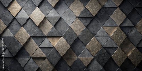 Abstract Geometric Wall of Interlocking Triangles and Squares in Dark Tones with Metallic Accents