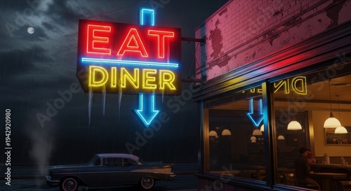 Neon Diner Sign Illuminates Rainy Night for Nostalgic Atmosphere