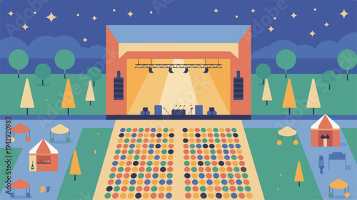 Outdoor concert stage with colorful picnic area under starry night sky trees and tents